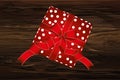 Gift box with bow on Valentine`s Day holiday or Birthday. View f