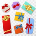 Gift box with bows. Top view gift boxes with red, blue and gold ribbon bow. Birthday, christmas or valentine day Royalty Free Stock Photo