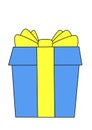 Gift box. A bright drawn gift box in blue and yellow colors on a white background