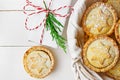 Gift Box British Christmas Pastry Home Baked Mince Pies with Apple Raisins Nuts Filling in Wicker Basket Royalty Free Stock Photo