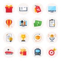 Gift box, checklist, air balloon vector icons. Prize winner, package return, trophy award buttons.