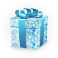 Gift box with childhood elements: bicycle, flowers, balloons, boat, heart, sun, clouds and ribbon bow.