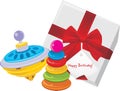 Gift box with children pyramid and whirligig toy