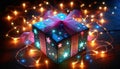Gift box with Christmas lights on wooden background, close up. Generative AI Royalty Free Stock Photo