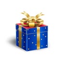 Blue Gift Box, Gold Satin Ribbon, Birthaday, Christmas, Holiday Present Royalty Free Stock Photo
