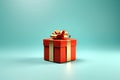 Gift box. Christmas present. Red gift box with golden bow on abstract light festive turquoise blue background. AI Royalty Free Stock Photo