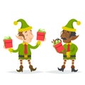 Gift box christmass character elf quality check process retro cartoon design vector illustration