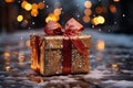 a gift box in city street in winter, exteriors of the house are decorated for Christmas or New Year\'s holiday, street Royalty Free Stock Photo