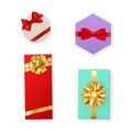 Gift box. Color boxes with red and gold ribbon bow, presents different forms top view. Birthday, christmas, valentine Royalty Free Stock Photo