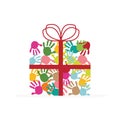 Gift box with colorful handprints vector Royalty Free Stock Photo