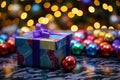 gift box with colorful ornaments on a table with a christmas tree in the background Royalty Free Stock Photo