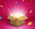 Gift box confetti explosion. Magic open surprise gift box package decoration