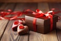 A gift box containing two heart-shaped chocolates, beautifully presented with a red ribbon, gift boxes with chocolate and red Royalty Free Stock Photo
