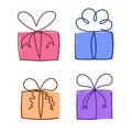 Gift box continuous line vector illustration set - various colorful hand drawn editable outline present packages. Royalty Free Stock Photo