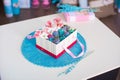 Gift box on the crocheted napkin Royalty Free Stock Photo