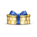 Gift box 3d, blue ribbon bow Isolated white background. Decoration present gold gift-box for Happy holiday, birthday Royalty Free Stock Photo