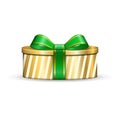 Gift box 3d, blue ribbon bow Isolated white background. Decoration present gold gift-box for Happy holiday, birthday Royalty Free Stock Photo