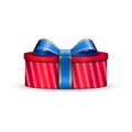 Gift box 3d, blue ribbon bow Isolated white background. Decoration present red gift-box for Happy holiday, birthday Royalty Free Stock Photo