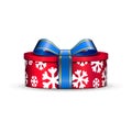 Gift box 3d, blue ribbon bow Isolated white background. Decoration present red gift-box for Happy holiday, birthday Royalty Free Stock Photo