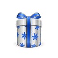 Gift box 3d, blue ribbon bow Isolated white background. Decoration present silver gift-box for Happy holiday, birthday Royalty Free Stock Photo