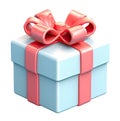 Gift box 3d cartoon icon. Light blue box with red ribbon bow. Pastel colors. 3d cartoon surprise box