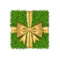 Gift box 3D. Green grass box top view, gold ribbon bow, isolated white background. Nature friendly design. Eco packaging Royalty Free Stock Photo