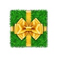 Gift box 3D. Green grass box top view, gold ribbon bow, isolated white background. Nature friendly design. Eco packaging Royalty Free Stock Photo