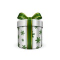 Gift box 3d, green ribbon bow Isolated white background. Decoration present silver gift-box for Happy holiday, birthday Royalty Free Stock Photo