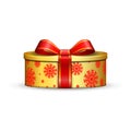 Gift box 3d, red ribbon bow Isolated white background. Decoration present gold gift-box for Happy holiday, birthday Royalty Free Stock Photo