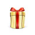 Gift box 3d, red ribbon bow Isolated white background. Decoration present gold gift-box for Happy holiday, birthday Royalty Free Stock Photo