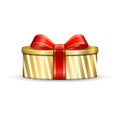 Gift box 3d, red ribbon bow Isolated white background. Decoration present gold gift-box for Happy holiday, birthday Royalty Free Stock Photo