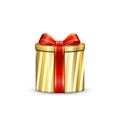 Gift box 3d, red ribbon bow Isolated white background. Decoration present gold gift-box for Happy holiday, birthday Royalty Free Stock Photo
