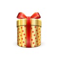 Gift box 3d, red ribbon bow Isolated white background. Decoration present gold gift-box for Happy holiday, birthday Royalty Free Stock Photo