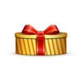 Gift box 3d, red ribbon bow Isolated white background. Decoration present gold gift-box for Happy holiday, birthday Royalty Free Stock Photo