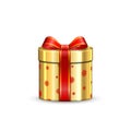 Gift box 3d, red ribbon bow Isolated white background. Decoration present gold gift-box for Happy holiday, birthday Royalty Free Stock Photo