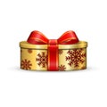 Gift box 3d, red ribbon bow Isolated white background. Decoration present gold gift-box for Happy holiday, birthday Royalty Free Stock Photo