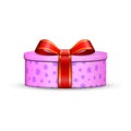 Gift box 3d, red ribbon bow Isolated white background. Decoration present pink gift-box for Happy holiday, birthday Royalty Free Stock Photo