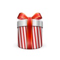 Gift box 3d, red ribbon bow Isolated white background. Decoration present silver gift-box for Happy holiday, birthday Royalty Free Stock Photo