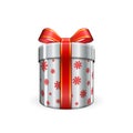 Gift box 3d, red ribbon bow Isolated white background. Decoration present silver gift-box for Happy holiday, birthday Royalty Free Stock Photo