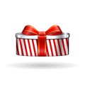 Gift box 3d, red ribbon bow Isolated white background. Decoration present silver gift-box for Happy holiday, birthday Royalty Free Stock Photo