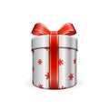 Gift box 3d, red ribbon bow Isolated white background. Decoration present silver gift-box for Happy holiday, birthday Royalty Free Stock Photo