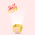 Gift box 3d template, empty open present pack with bow. Sale or discount, birthday, party and holidays element. Ad