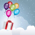 Gift box flying in the clouds with balloons