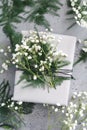 Gift box decorated winter plants and flowers. Flat lay, top view