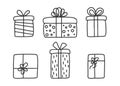 Gift box decoration for holiday, doodle sketch line drawing. Present box, wrapped package with ribbon bow. Surprise on
