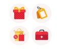 Gift box, Discount tag and Sale bags icons. First aid sign. Birthday present, Shopping coupon, Shopping mall. Vector