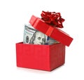 Gift box with dollar banknotes Royalty Free Stock Photo