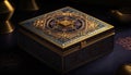 Close up with elegant islamic artistry gift box in blue and gold color