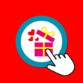 Gift box with flying hearts icon. Romantic gift concept. Hand Mouse Cursor Clicks the Button Royalty Free Stock Photo