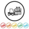 Gift box and forklift icon. Set icons in color circle buttons